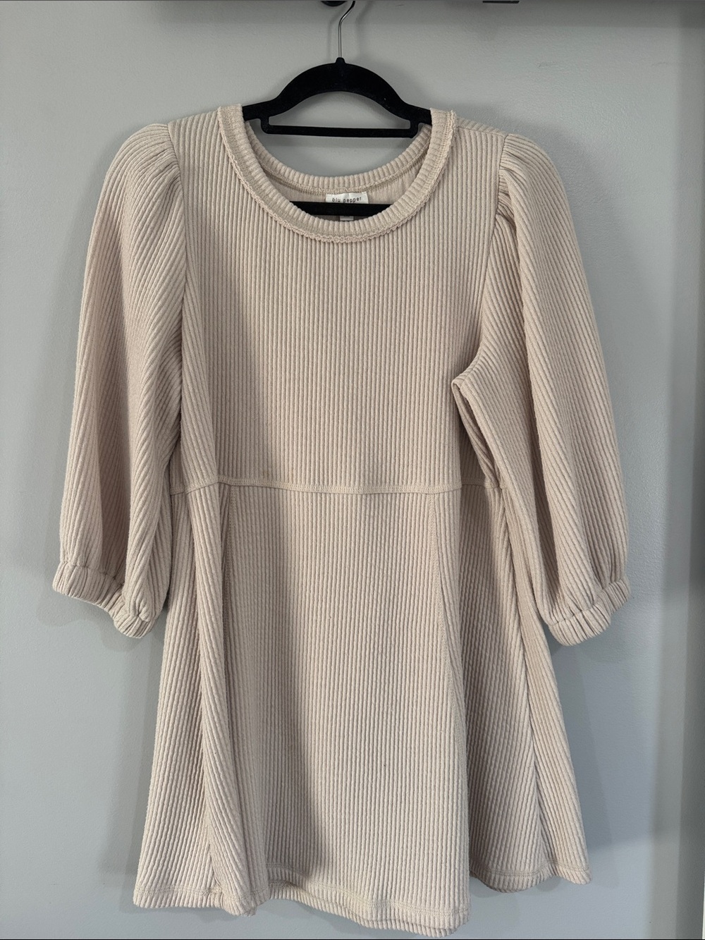 Blu Pepper Women’s Ribbed Puff-Sleeve Casual Dress in Cream
